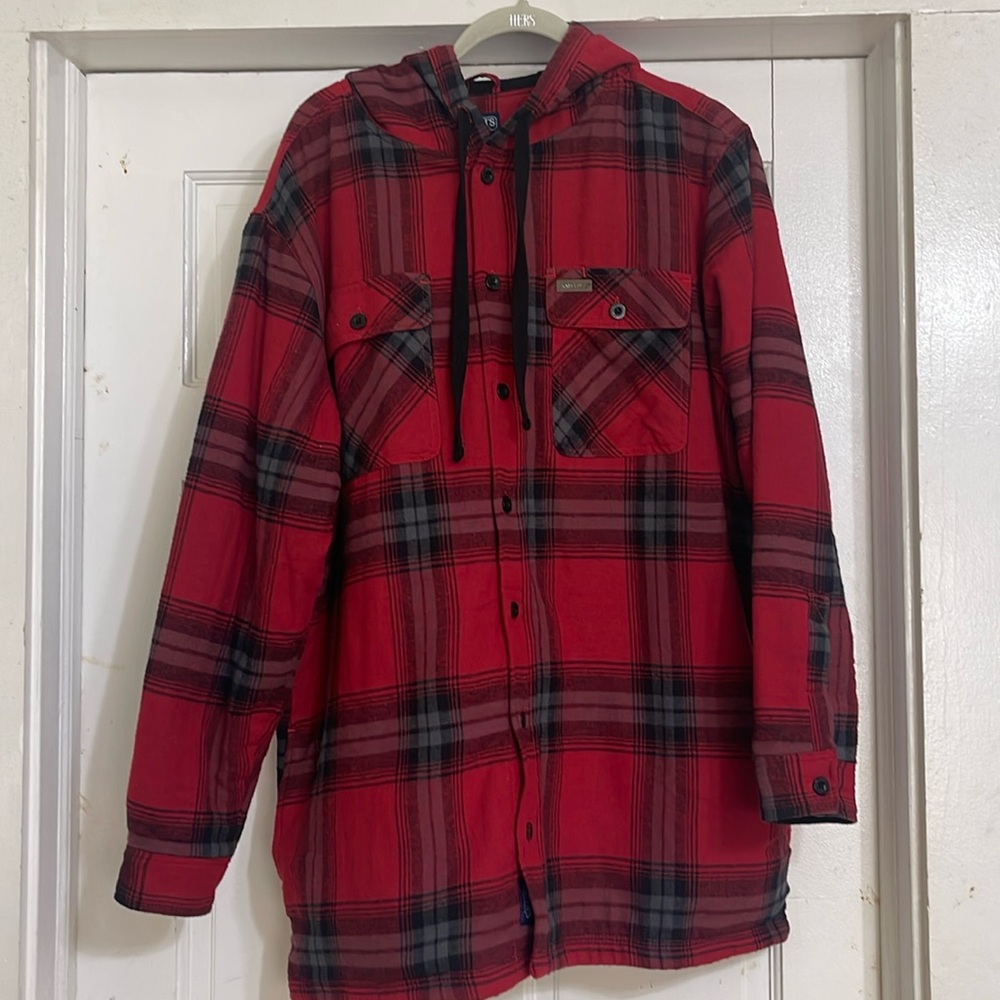 Smith's Workwear Flannel Fleece Red and Black Hooded Coat Men's Size L